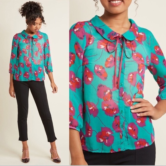 ModCloth • Jade Floral poppy print Peter Pan collar blouse chiffon bow tie neck - Picture 2 of 11